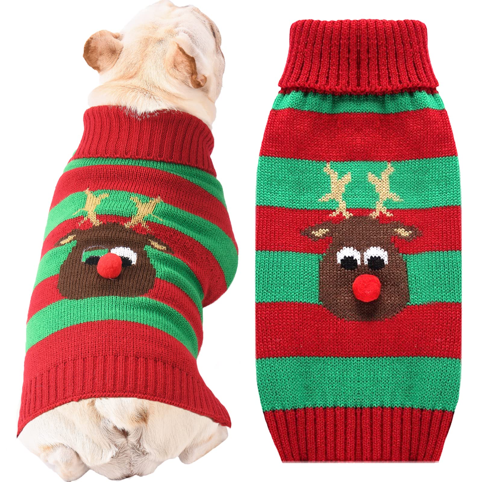 ABRRLO Dog Christmas Jumper Outfits Striped Reindeer Ugly Xmas Pet Sweater Puppy Cat Holiday Costume New Year Clothes Gift for Small Medium Large Dogs (Red Green Reindeer,L)