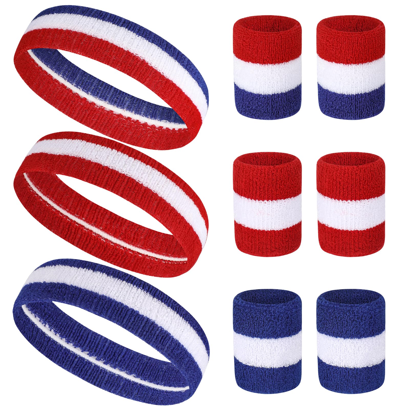 9PCS Sports Headband Wristbands, Sweat Bands Absorbent for Gym Sports Football Soccer, Soft Stretchy Striped Headband and Wrist Sweatbands for Girls Ladies Boys