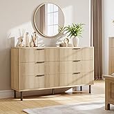 GarveeHome Oak Fluted 6 Drawer Dresser, Wide Wood Double Dresser with Metal Legs and Handles, Modern Chest of Drawers with Anti-Tipping Design for Bedroom Living Room, Hallway