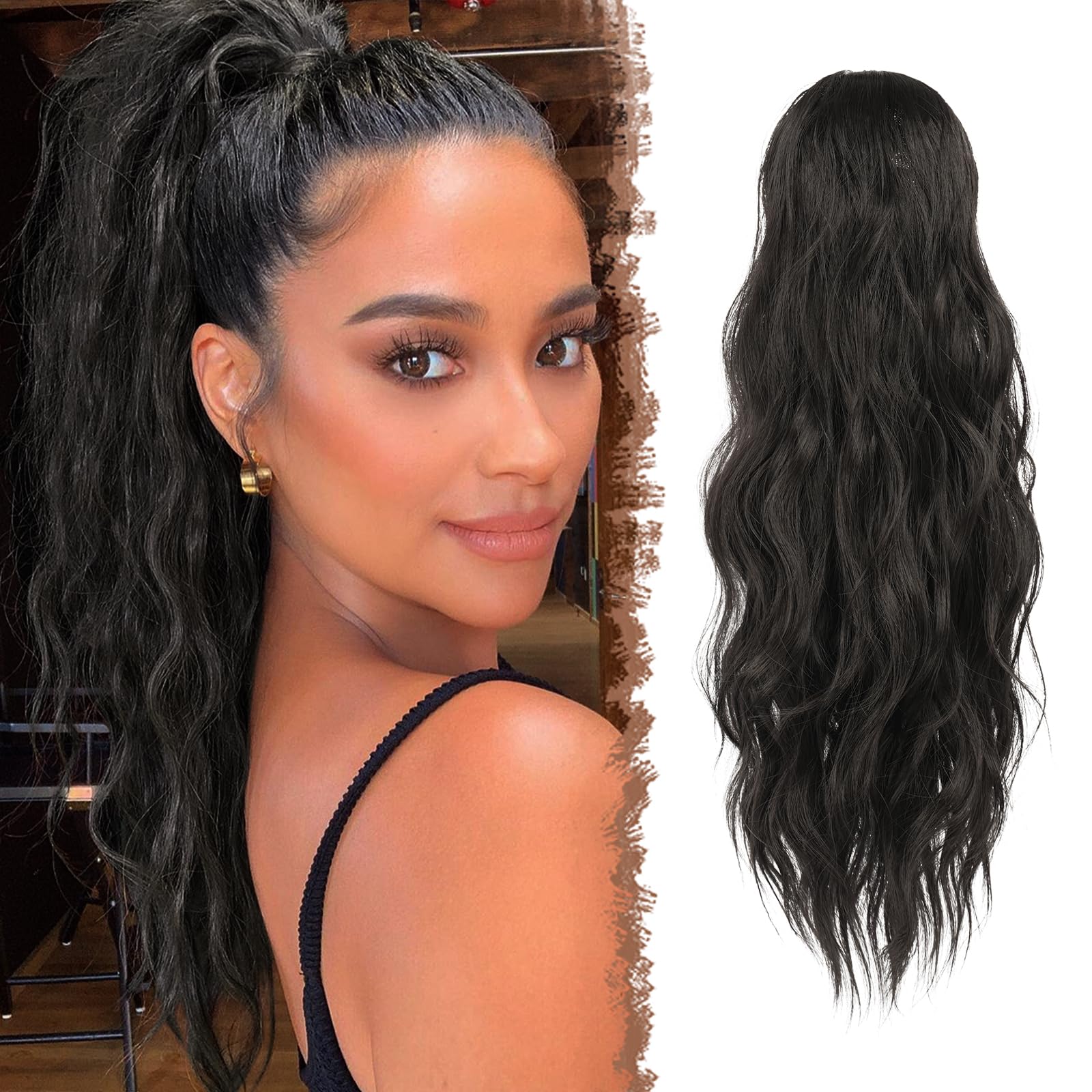 FESHFEN Ponytail Extensions, Drawstring Ponytails Hair Extension Darkest Brown Long Curly Wavy Hair Piece Synthetic Brown Pony Tail Hairpieces for Women, 18 inch