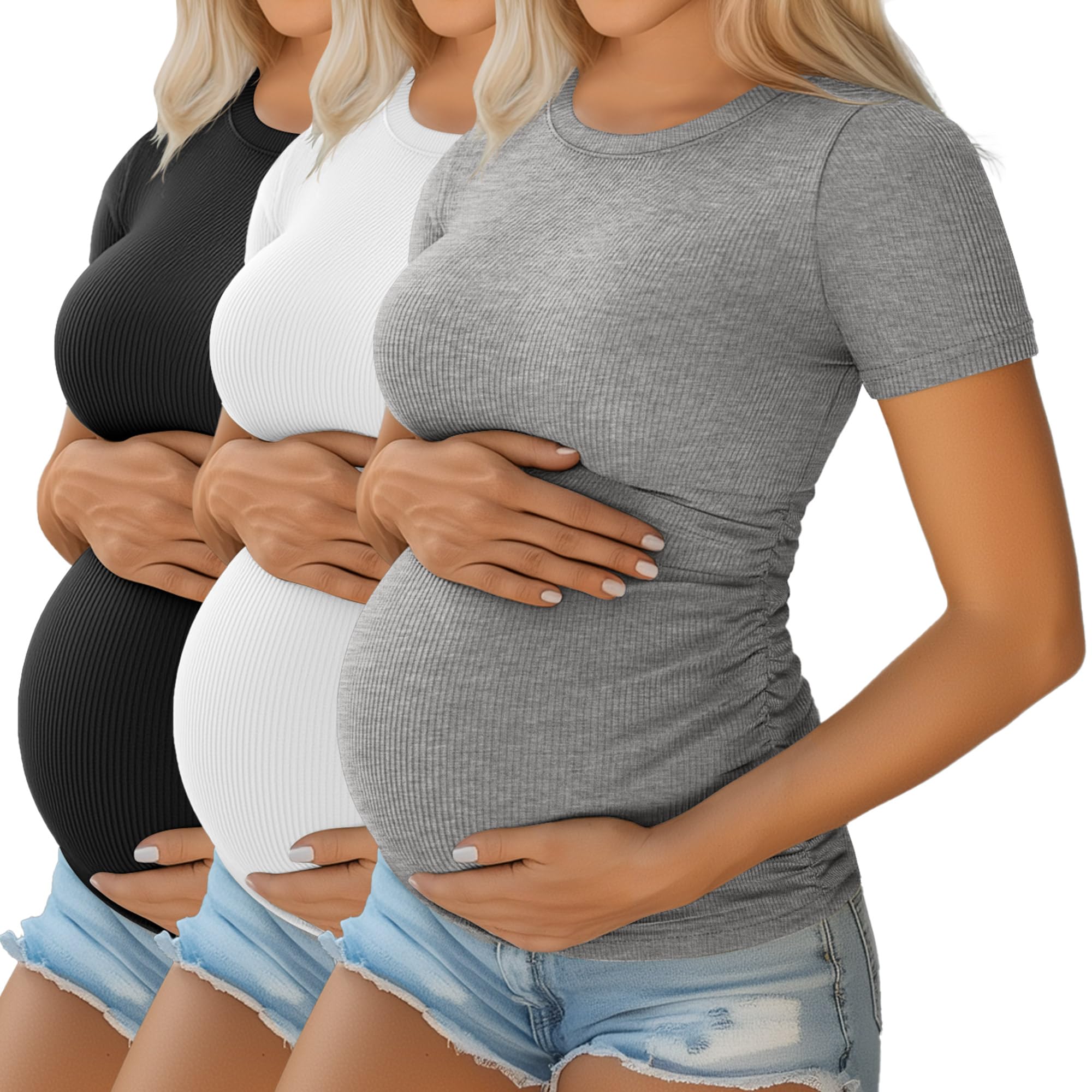 Photo 1 of Ficerd 3 Pack Women's Maternity Shirts Cotton Short Sleeve Pregnancy Tops Side Ruched Ribbed Casual Mama tees Clothes(Light Gray, White, Black,Medium)