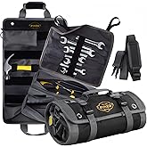 The Ryker Bag Black Pro Tool Roll – Heavy-Duty Canvas Roll-Up Tool Organizer w/detachable pouches for Bolts, Sockets & Small Power Tools for Electricians, Plumbers, HVAC Techs & DIY Professionals