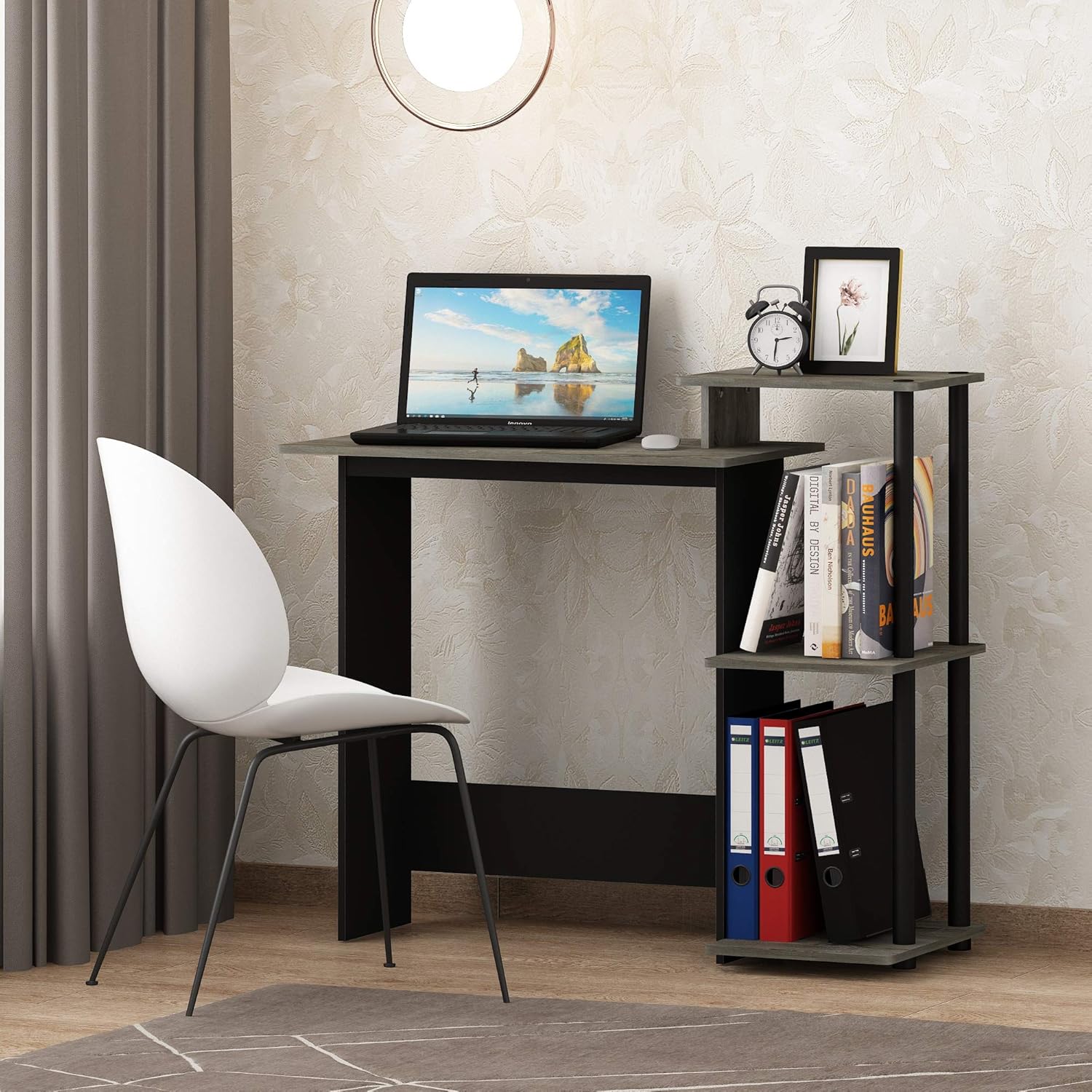 FURINNO Efficient Home Laptop Notebook Computer Desk, Square Side Shelves, French Oak Grey/Black: Furniture & Decor