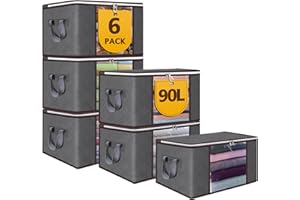 RA RUNNING ALIEN 90L Large Storage Bags,6 Pack Foldable Clothes Storage Bins with Zipper and Lids Closet Organizers Storage ContainersDurable Handle Thick Fabric for Bedding,Clothing, Blanket, Pillows and Toys( Gray)