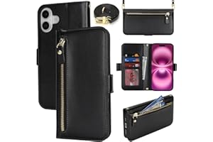 Lipvina for iPhone 16 Plus Wallet Case for Women,Zipper Pocket,PU Leather Phone Case Stand flip Cover Crossbody Lanyard Strap Zipper Credit Card Holder Slots for Apple 16 Plus,Black