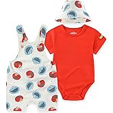 Sesame Street Elmo and Cookie Monster Baby Boys Shortall Overalls with Hat 3-Piece Set for Newborn and Infants