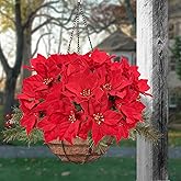 Cekene 6PC Poinsettia Flowers Artificial Christmas Decorations Faux Plastic Plants UV Resistant with Stem Leaves for Christmas Holiday for Home Party Yard Garden Porch Patio with no Lights