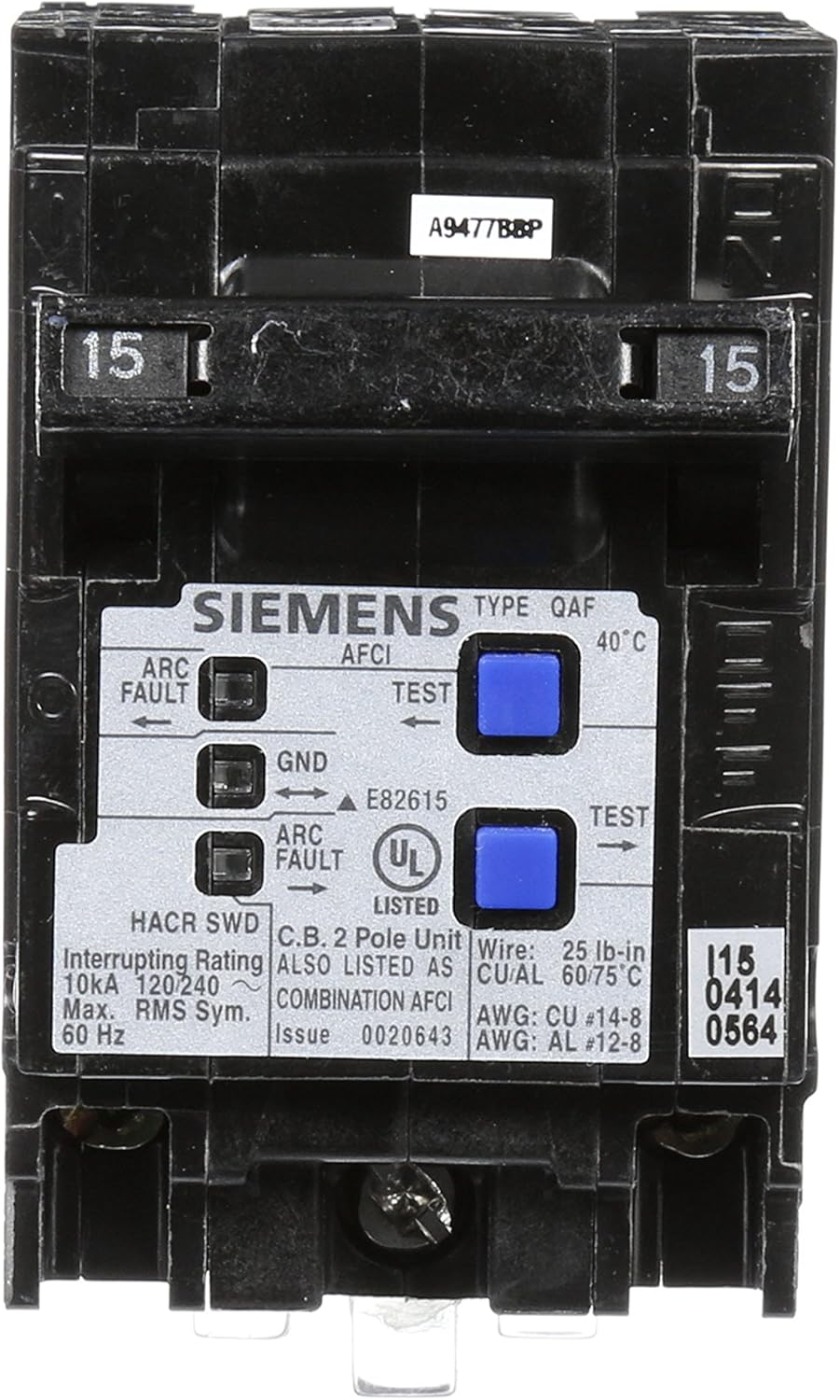 Siemens Q215AFCP 2-Pole 120-Volt combination type arc fault circuit interrupter, Clamshell Packaging - Circuit Breaker Panels - 
