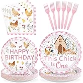 96Pcs Chicken 1st Birthday Party Supplies This Chick Is One Party Plates and Napkins Disposable Farm Animal Barnyard Little Chick Tableware Set for Kids Baby Shower One Year Old Birthday Decor