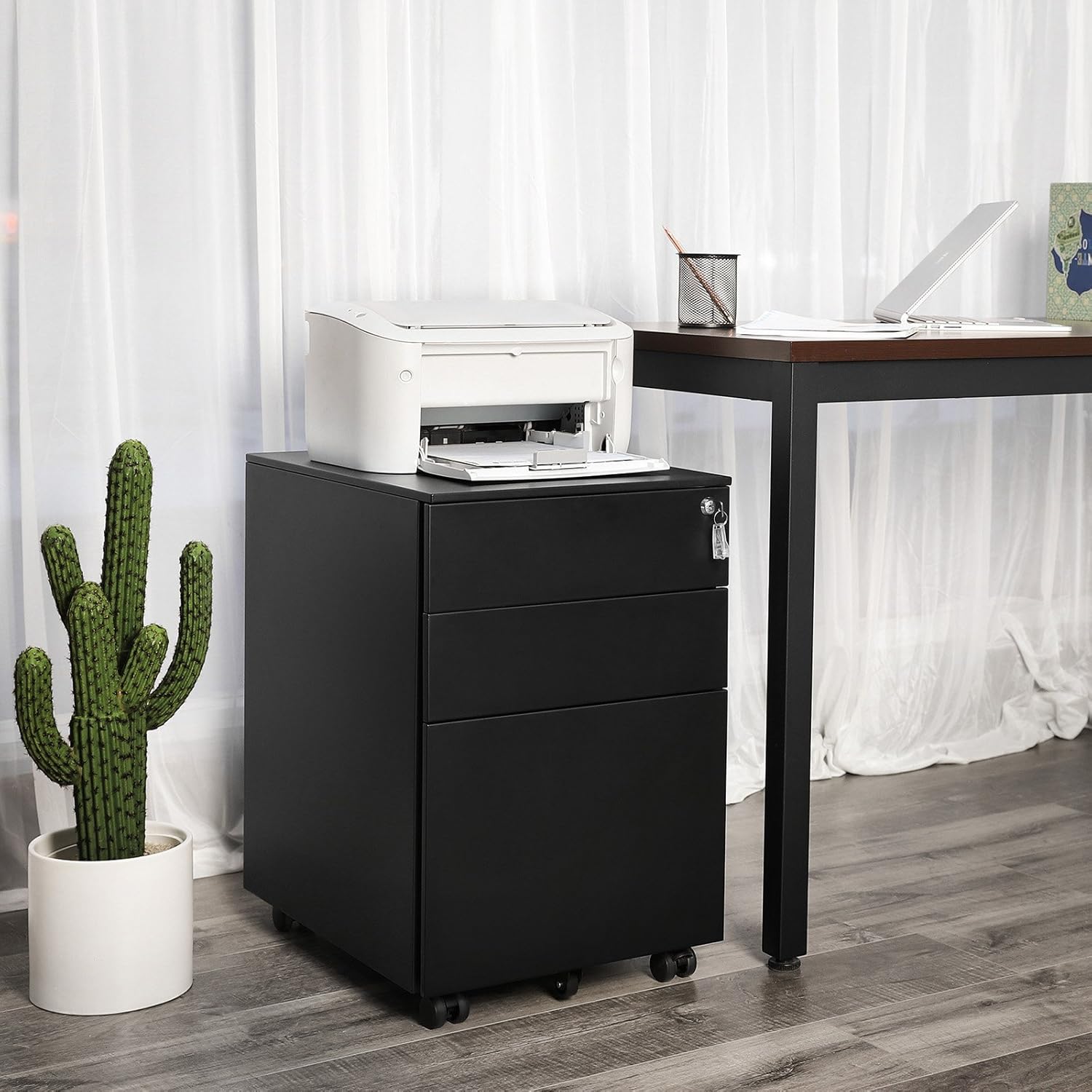 SONGMICS Steel File Cabinet 3 Drawer with Lock Mobile Pedestal Under Desk Fully Assembled Except Casters Black UOFC60BK: Home & Kitchen