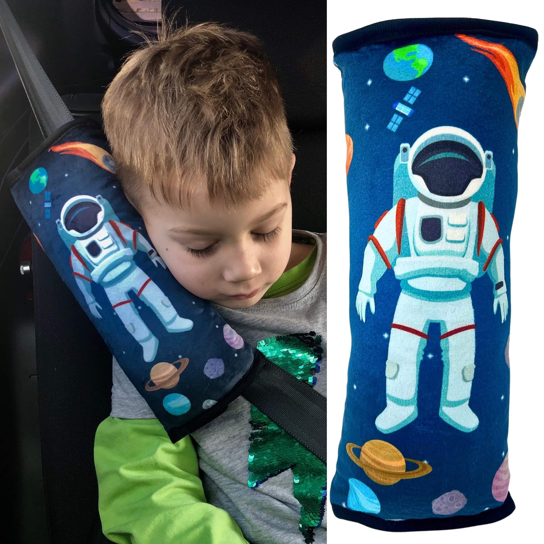 HECKBO - Astronaut Space Car Seatbelt Pillow for Kids - Machine Washable, Ergonomic Neck Support - Child Car Seat Belt Clip Cover - Size: 30x12cm