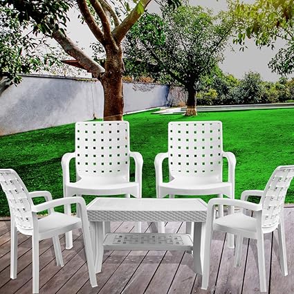 Italica Furniture - Armchair and Table Combo - Indoor and Outdoor Furniture Set (9408 & 9503, White, Set of 4 Chairs & 1 Coffee Table)