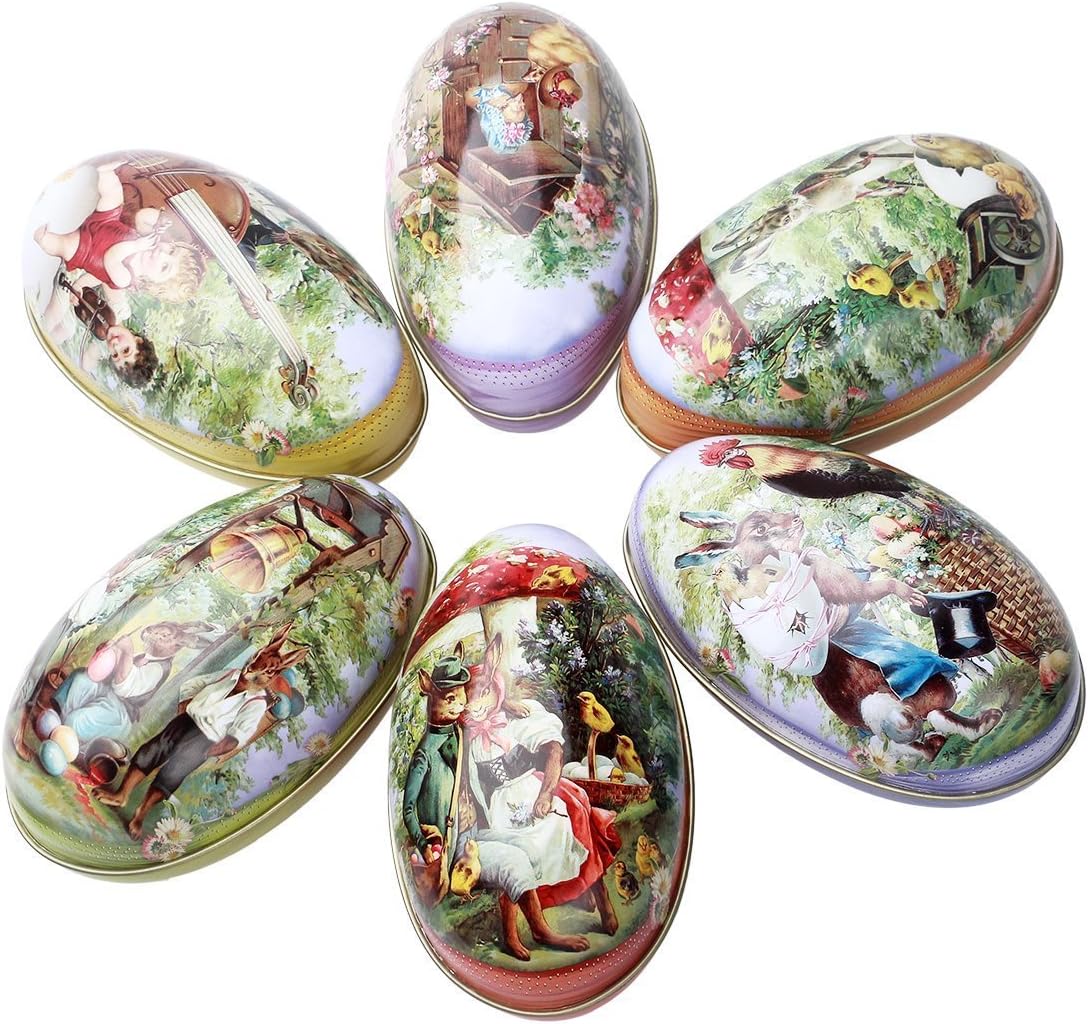 Lovef 6pcs Metallic Easter Egg Container Different Design Wedding Supplies Painting Print Candy Packaging Box Tin Easter Day Eggs Random Color 4.32.62.7 inch (6)