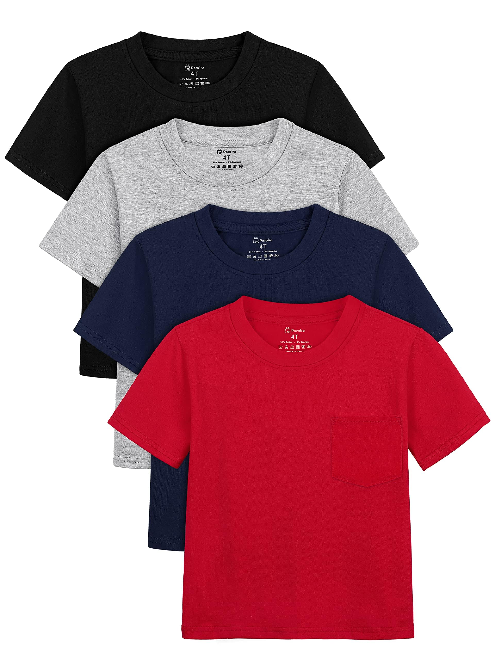 Photo 1 of Poroka 4 Pack Toddlers and Boys' Pocket Short-Sleeve T-Shirts Cotton Crew Neck Tee Short-Sleeve Shirts Solid Pocket T-Shirts 4T