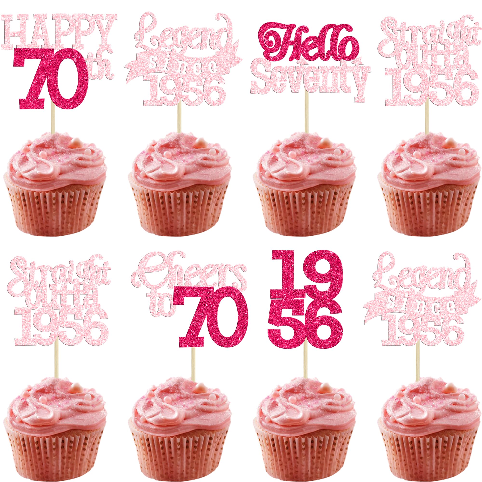 Gyufise 24Pcs Happy 70th Birthday Cupcake Toppers Hello Seventy Legend Since 1956 Cupcake Picks Cheers to 70 Years Cake Decorations for 70th Birthday Anniversary Party Supplies Pink Rose Red