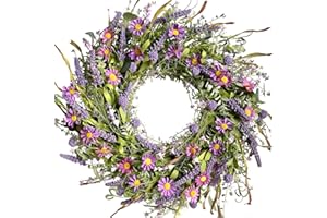 Egolot 24 Inch Spring and Everyday Greenery Wild Flower Wreath for Front Door, Mixed Green Leaves and Flower Wreath for Indoor and Outdoor Use, Everyday Flower Wreath for Home Decor