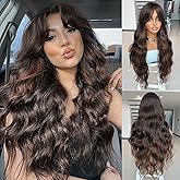 LEOSA Highlighted Wig 26 Inch Long Wavy Chocolate Brown Layered Wig with Curtain Bangs for Women Synthetic Middle Part Curly Womens Wigs for Daily Party,Dark Brown with Highlights