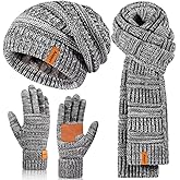 Winter Beanie Hat Scarf Gloves Set for Women, Slouchy Beanie Long Scarf Touchscreen Gloves, Warm 3 in 1 Christmas Gift Set