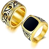 FINREZIO 2Pcs 18K Gold Plated Rings for Men Stainless Steel Vintage Biker Signet & Band Ring Set Size 7-13