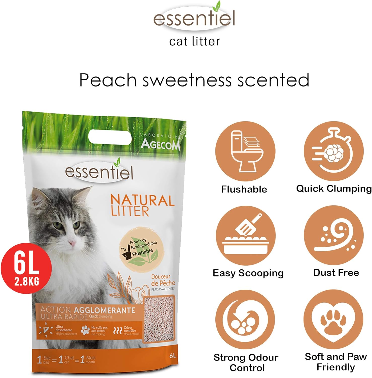 Essentiel Natural Cat Litter, Peachscented 6L Bag, Flushable