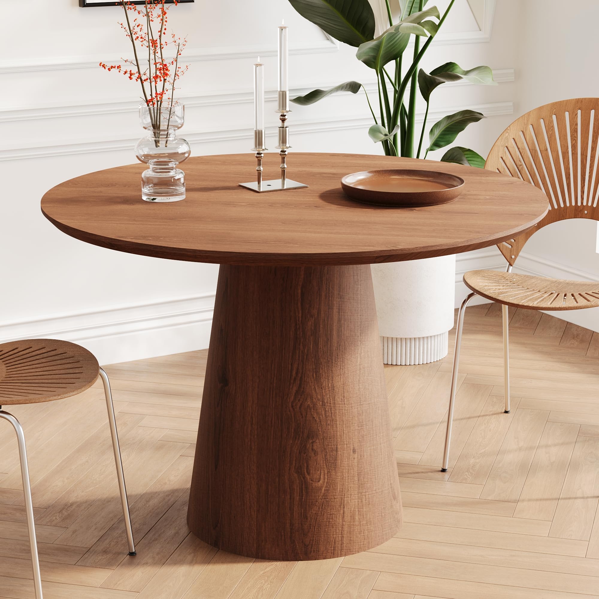 Photo 1 of Round Dining Room Table for 4, 43'' Modern Farmhouse Kitchen Table with Round Pedestal, for Kitchen, Living Room, Cafe,Small Spaces, Apartment Walnut