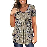 BeadChica Women's Plus Size Tunic Tops Casual Flowy Tshirts Ruched Botton Up Short Sleeve Blouses-Printing-2XL