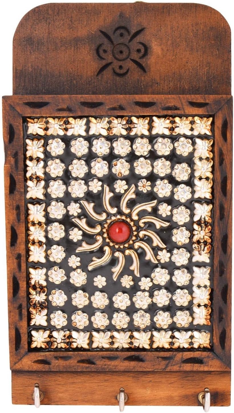 Rajkruti Rajasthani Wooden Handicraft Wall Hanging Letter Box With Key Hanger Showpiece (11 Cms X 5 Cms X 20 Cms, Brown)