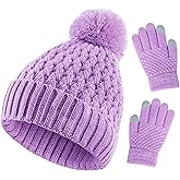Kids Winter Hat and Gloves Set Girls Knit Beanie Hats with Pom Warm Snow Ski Cap for Toddler 1-14Years