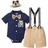 DONWEN Baby Boy First Birthday Outfit Mr Onederful Bowtie Romper + Suspender Shorts+ Party Hat Cake Smash Outfits