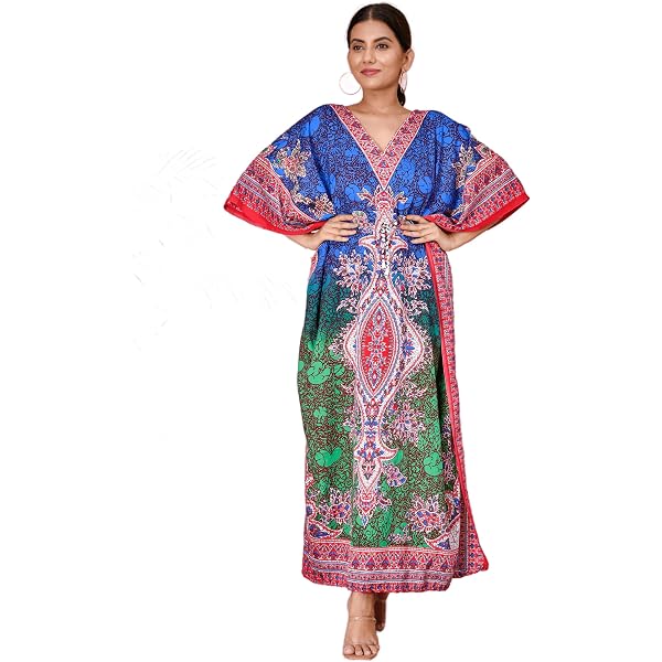 Ukal Women's Kaftan Kimono Beach Dress - V-Neck, Loose Bohemian Cover Up, One Size Multicolor