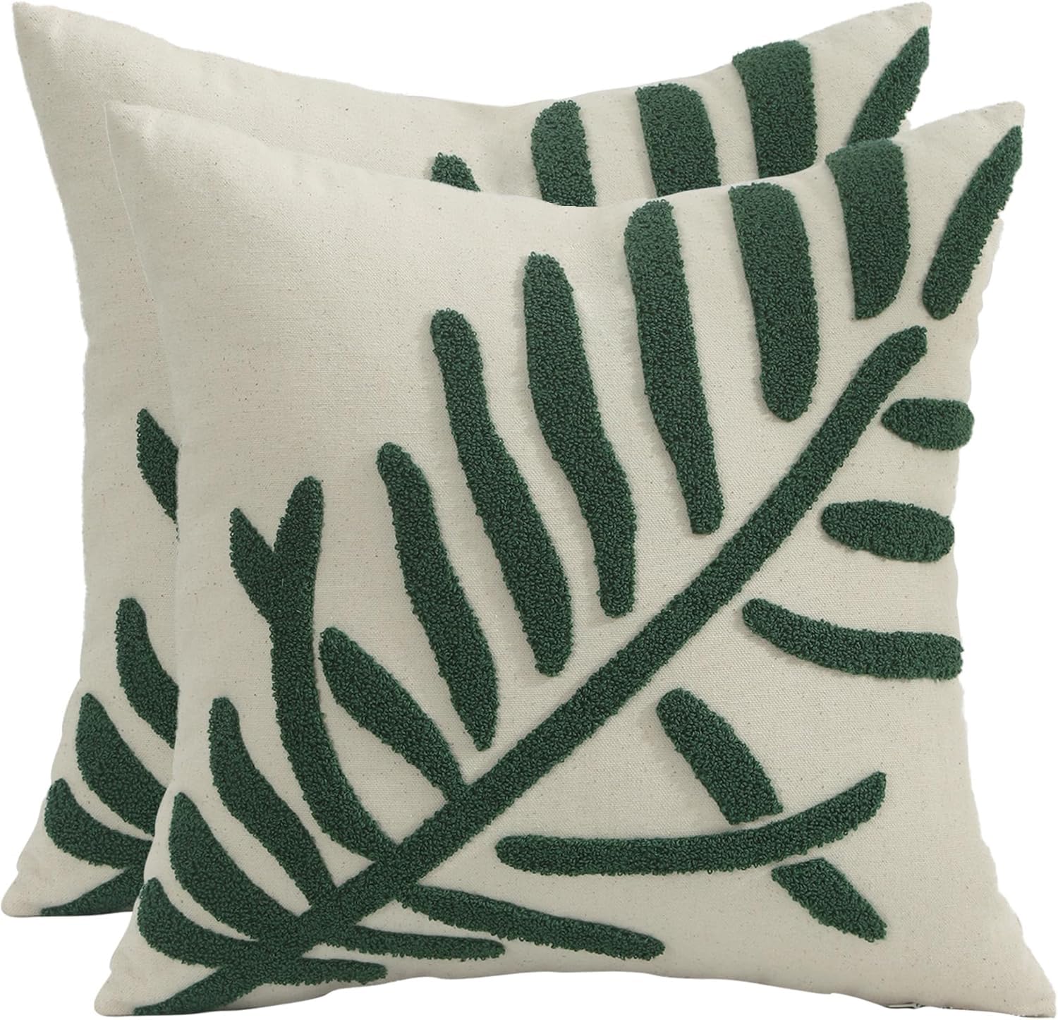Tosleo 2Pack Throw Pillow Covers Spring Summer Green Leaf Tufted Embroidery 18x18In Cushion Cover Cotton Linen Leaves Decorative for Sofa Living Room Bed Couch Car Gift Home Deco 45x45CM — image 1