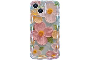 EYZUTAK Case for iPhone 13, Colorful Retro Oil Painting Printed Flower Laser Beam Glossy Pattern Cute Curly Waves Border Exqu