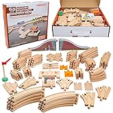 Wooden Train Tracks 68 Pcs Expansion Pack with Arched Bridge, Engine Barge, Dock, Stop & Go Checkpoint, Signal Pole, Cross Tr