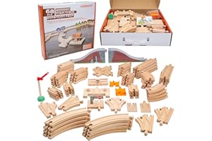 Wooden Train Tracks 68 Piece Expansion Pack Accessories with Arched Bridge, Engine Barge, Dock, Stop & Go Checkpoint, Signal Pole, Cross Track Compatible with Thomas, Brio Wooden Railways ORBRIUM