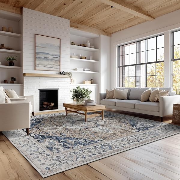 KENODITAN 9X12 AREA RUG LIVING ROOM RUGS, STAIN RESISTANT WASHABLE RUG, VINTAGE LARGE NON-SLIP BACKING, LOW PILE LIGHTWEIGHT PRINT RUG FOR BEDROOM DINNING ROOM HOME OFFICE (TAUPE/BLUE)