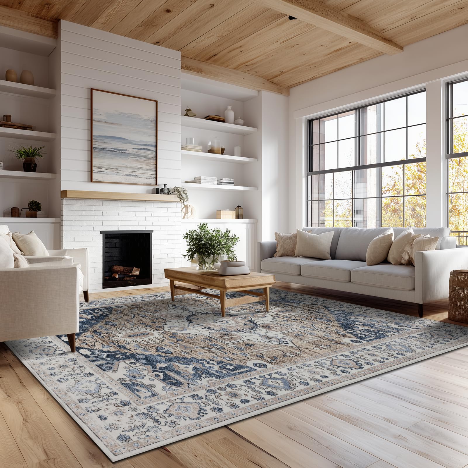 Photo 1 of 4x6 Washable Area Rug for Living Room, Carpet for Bedroom, Soft Faux Wool Retro Dining Room Rug, Non Slip&Non-Shedding Resistant Low Pile Vintage Print Rug for Home Office (Taupe/Blue)