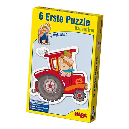 Haba 3900 - 6 Erste Puzzles Bauernhof, Puzzle mit 6 niedlichen Bauernhofmotiven für Kinder ab 2 Jahren, mit Holzfigur zum fre
