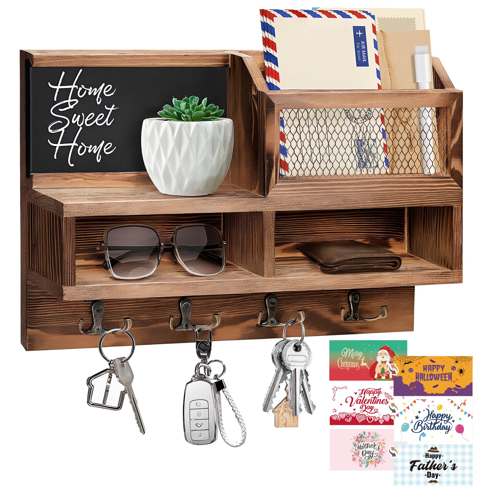 Photo 1 of HOMEBROS Key Holder Wall Mount, Wooden Mail and Key Organizer with Chalkboard and Mirror, 3 Greeting Cards, 8 Hooks, Brown, Type 1