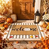 Tinideya 2 Pcs Fall Door Mat Set, Pumpkin Welcome Mat Beige Striped Rug | Layered Design, Non-slip Backing, Neutral Autumn Tone, Outdoor Farmhouse Theme, for Outdoor Front Porch Entryway Decor