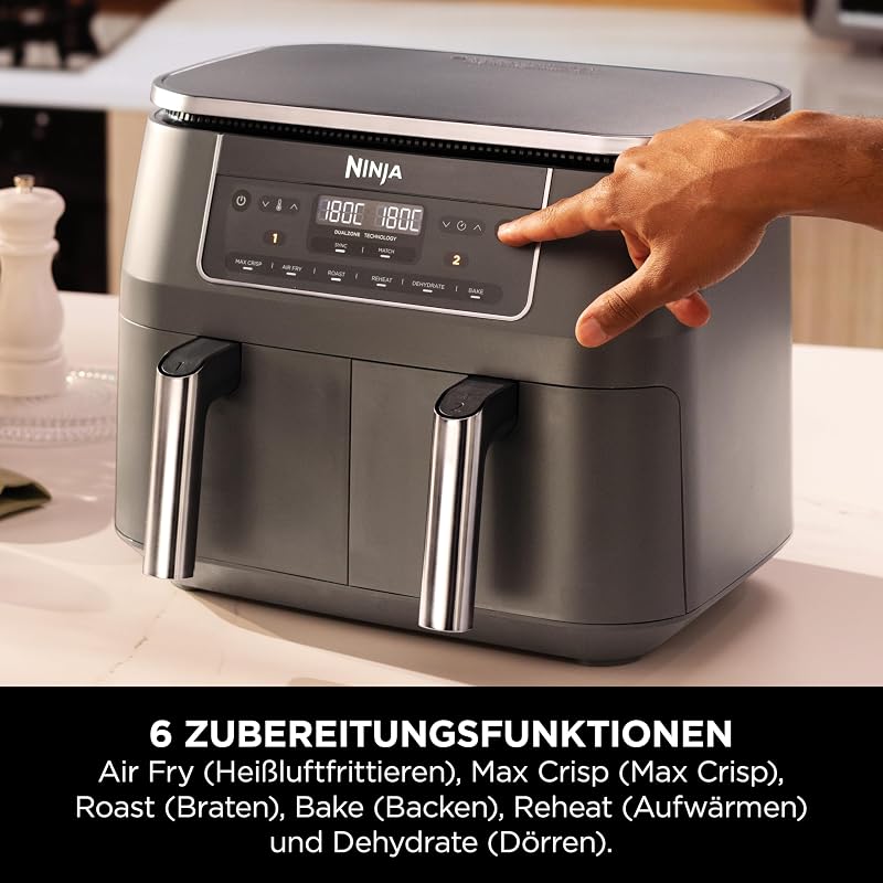 Dual Zone digitale Heißluftfritteuse, 7,6 L, 6-in-1, Metallic Grau