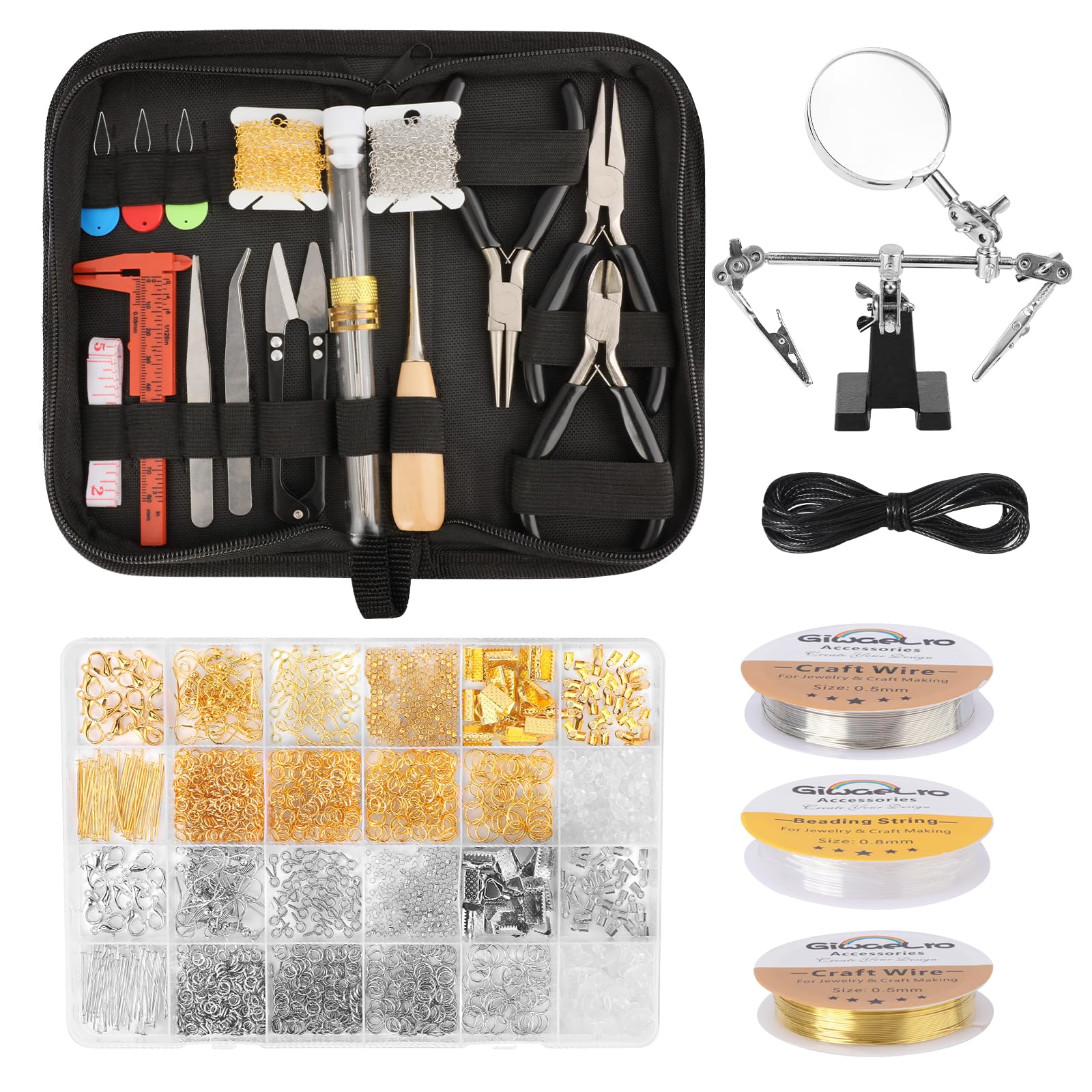 Giwaelro Jewelry Making Kit for Adults, Jewelry Making Supplies with Pliers, Wires, Findings, Necklace Chains, Magnifier and Storage Bag