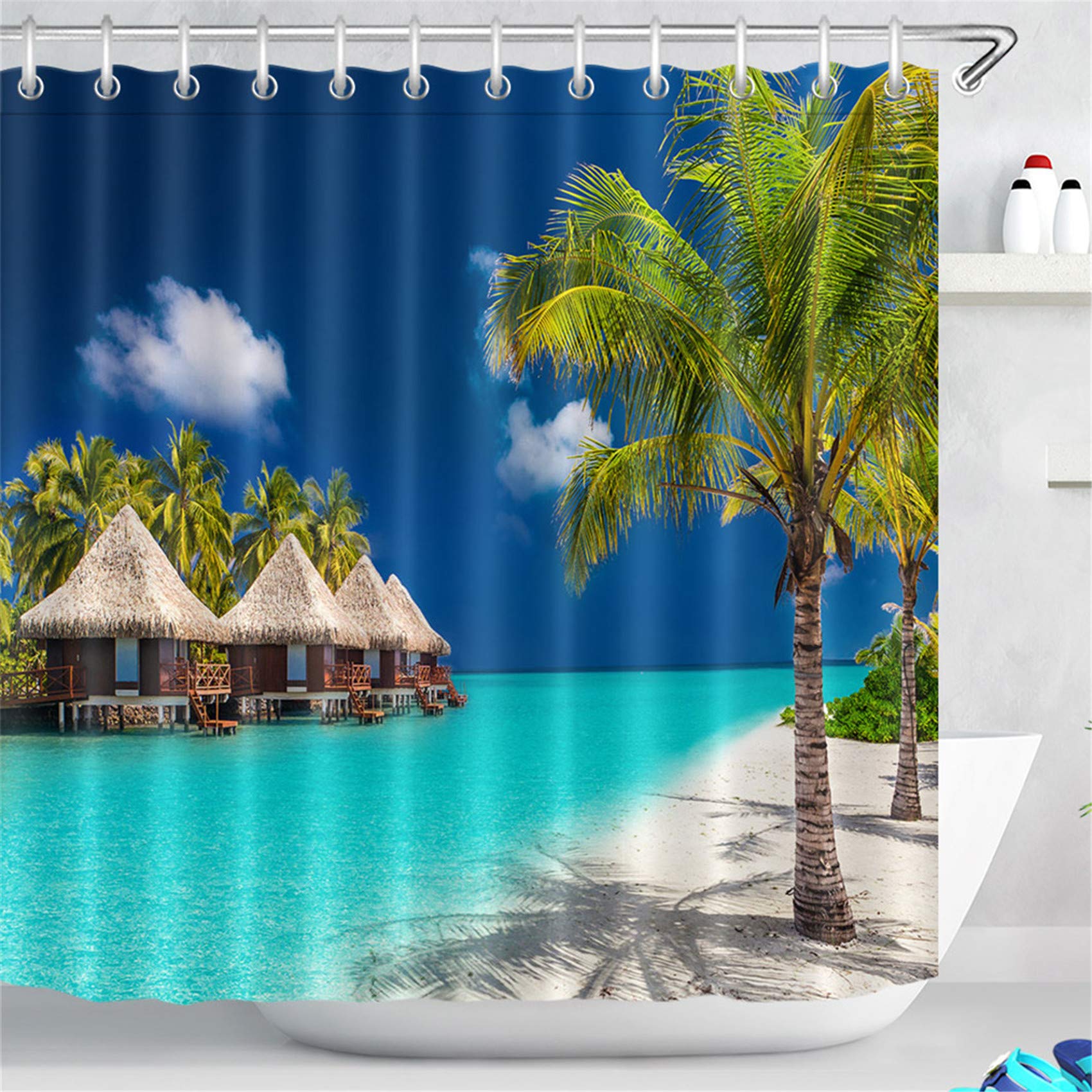 LB Beach Hut Shower Curtain Turquoise Sea Bathroom Curtains Green Palm Tree Tropical Island Polyester Anti Mould Waterproof Bath Curtain with Hooks,71x71 inch