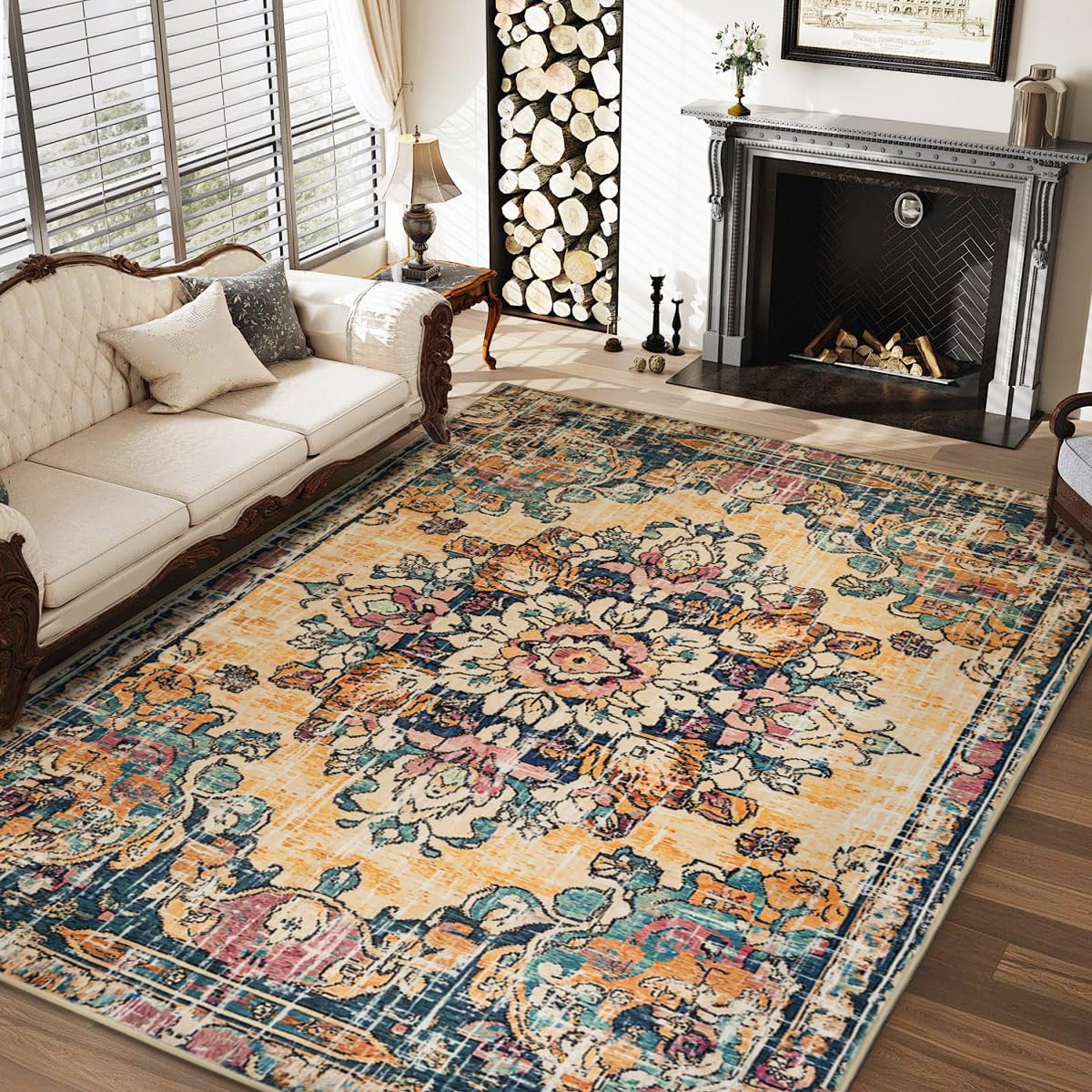 Photo 1 of Wsxokng 5x7 Boho Area Rug for Living Room,Washable Vintage Area Rugs,Low Pile Soft Floor Carpet,Non-Slip Eco-Friendly Large Rug for Bedroom Kitchen Office,Orange&Cream