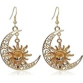 Fuvirou Boho Moon and Sun Dangle Drop Earring for Women Girls Vintage Gothic Smiling Moon Sun Asymmetrical Earrings Statement Jewelry Gift