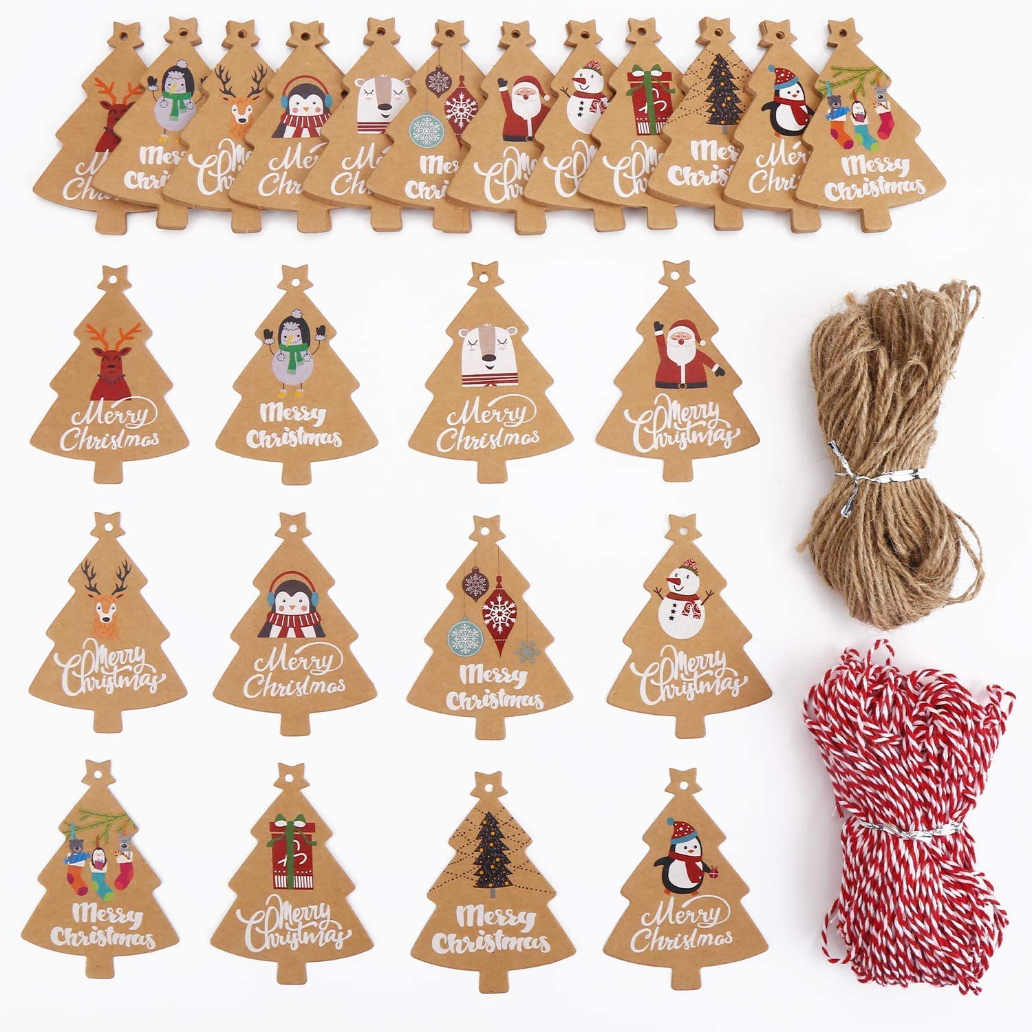 LOKIPA Christmas Tree Gift Tags,120 Pieces Xmas Kraft Paper Gift Label Parcel Present Hanging Tags with 230 Feet String Twine