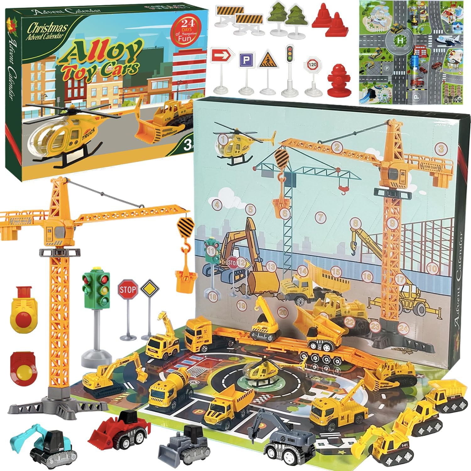 Advent Calendars - Advent Calendar 2023 Kids Boys Girls - Alloy Construction Vehicles Toy Set - Christmas Engineering Playset Plus 2 Mats - Countdown Calendar Gift for 3-8 Year Old Children Teens