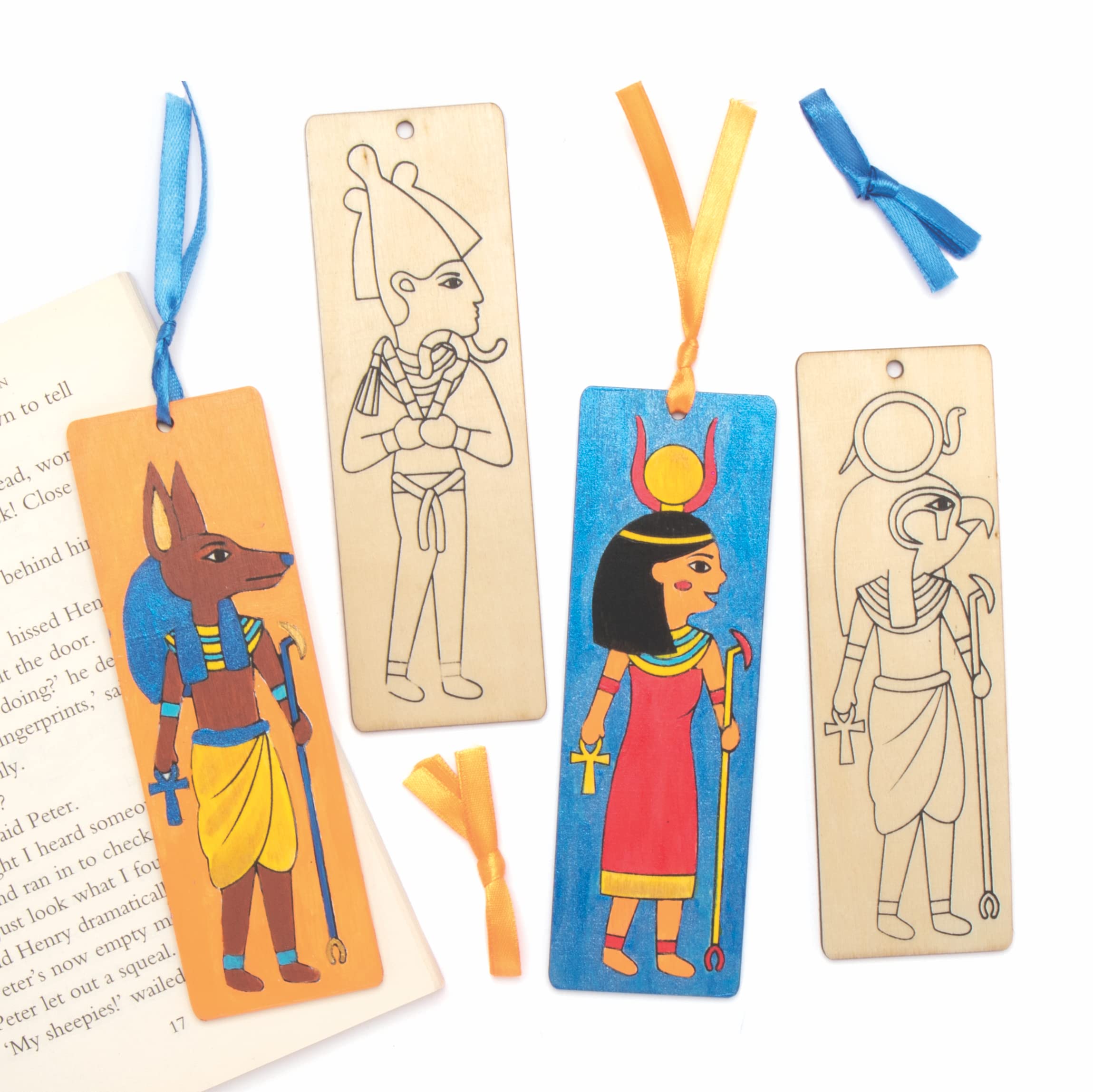Baker Ross AT853 Make Your Own Egyptian Wooden Bookmarks, Colour in Kits for Kids Arts and Crafts Projects (Pack of 8), Assorted,Orange,Red