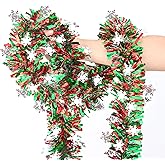 33 FT Christmas Snowflake Tinsel Garland, Red Green Silver Metallic Twist Foil Tinsel Garland with Snowflake Xmas Hanging Decoration for Christmas Tree Wedding Birthday Home Party Decoration