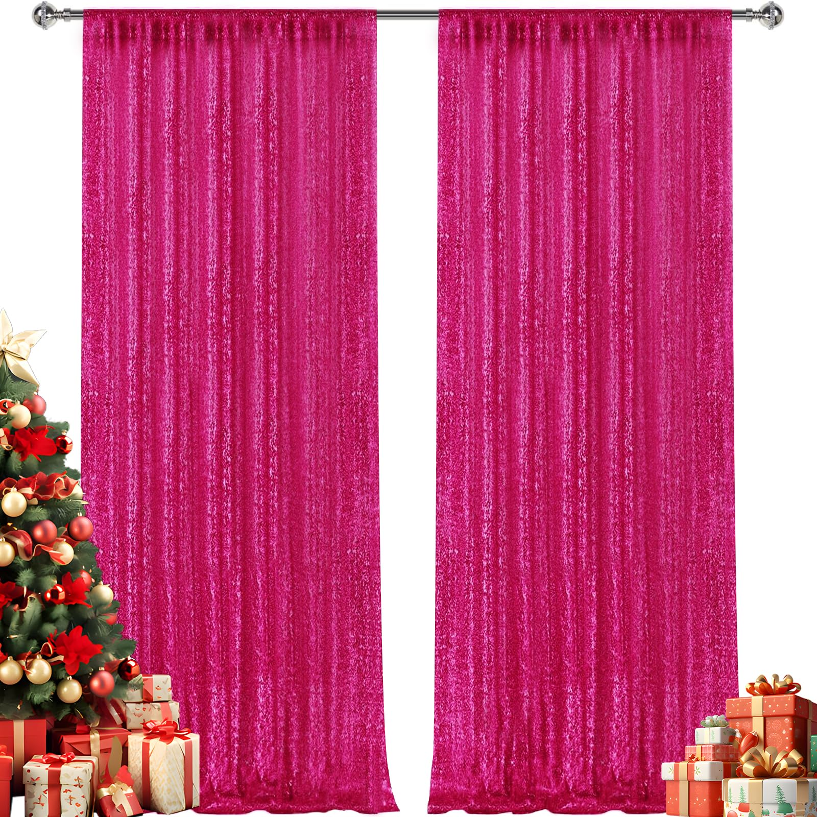 Photo 1 of 2×8FT-2PCS Hot Pink Sequin Backdrop Curtains Panels, Fuchsia Photography Backdrop Glitter Curtains Fabric Background for Christmas Wedding Party Decor