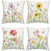 Bonhause Spring Floral Throw Pillow Covers 18 x 18 Inch Tulips Iris Sunflower Poppy Floral Decorative Pillows Polyester Linen Cushion Cases for Couch Sofa Garden Patio Decor Set of 4